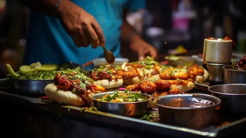Street food stall with variety of snacks